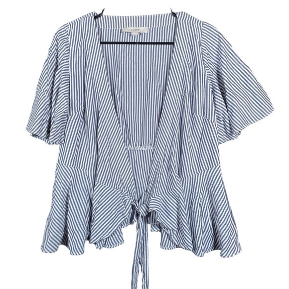 LOFT Womens Blouse Blue White Striped V Neck Wrap Front Tie 1/2 Sleeve Flowy XS - Picture 1 of 13